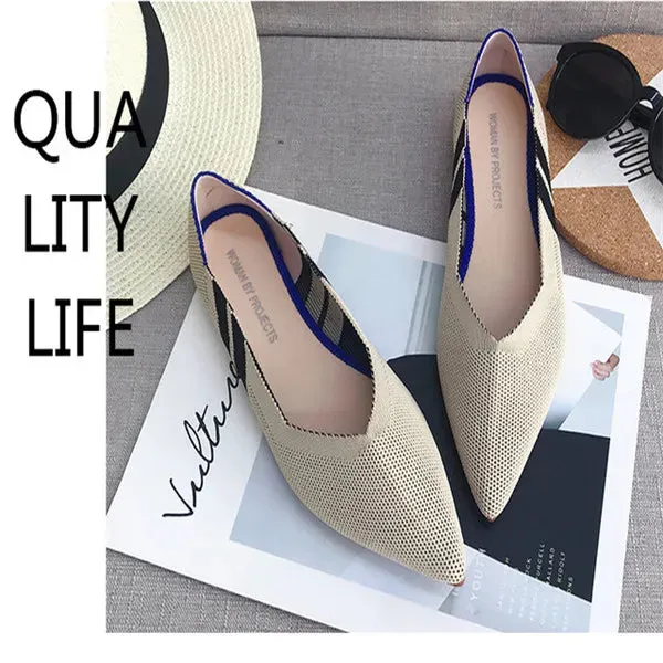 2022 Pointed Toe Flats Ladies Flat Shoes Ballet Breathable Knit Mocasines De Mujer Gestante Bailarin