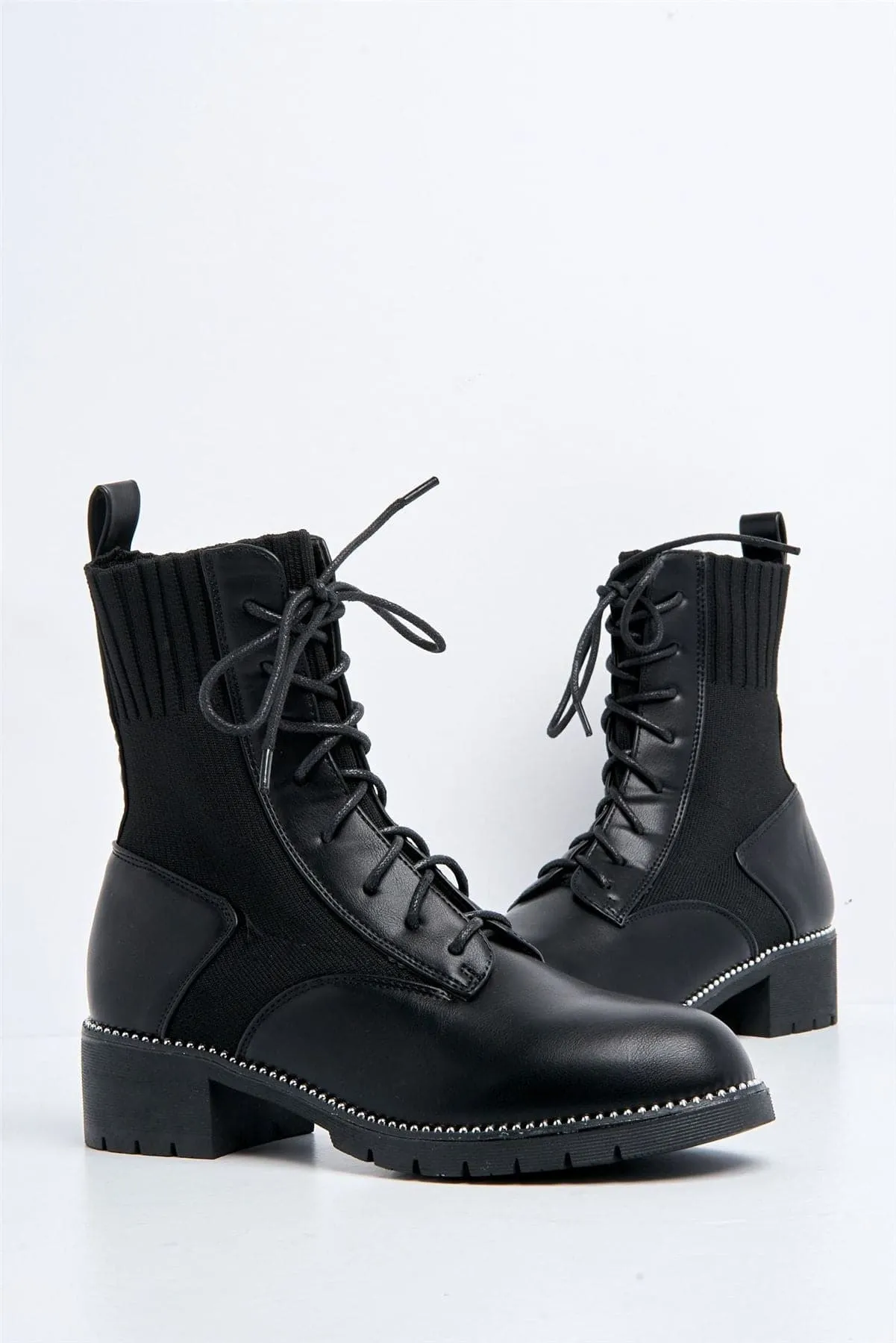 Amy Lace-up Ankle Boots with Stretch Panel in Black