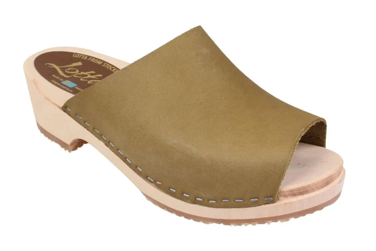 Berit Low Open Clog in Olive Oiled Nubuck