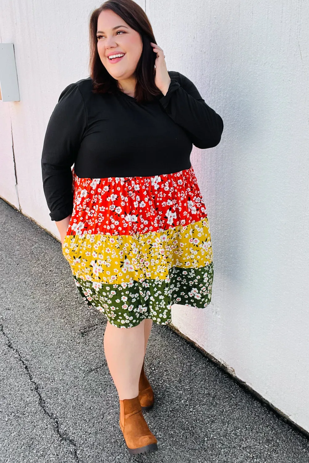 Black Floral Color Block Tiered Babydoll Dress