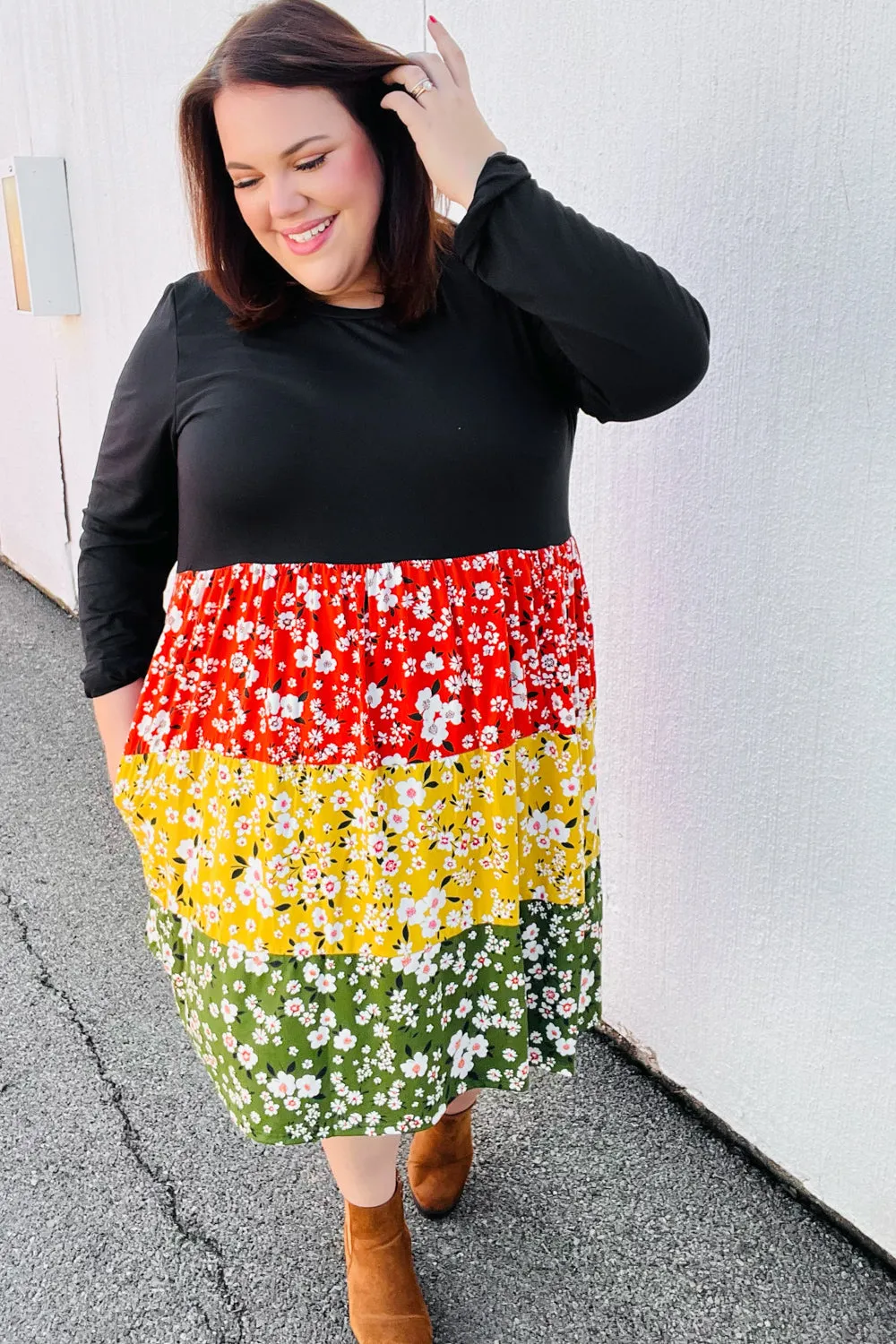 Black Floral Color Block Tiered Babydoll Dress