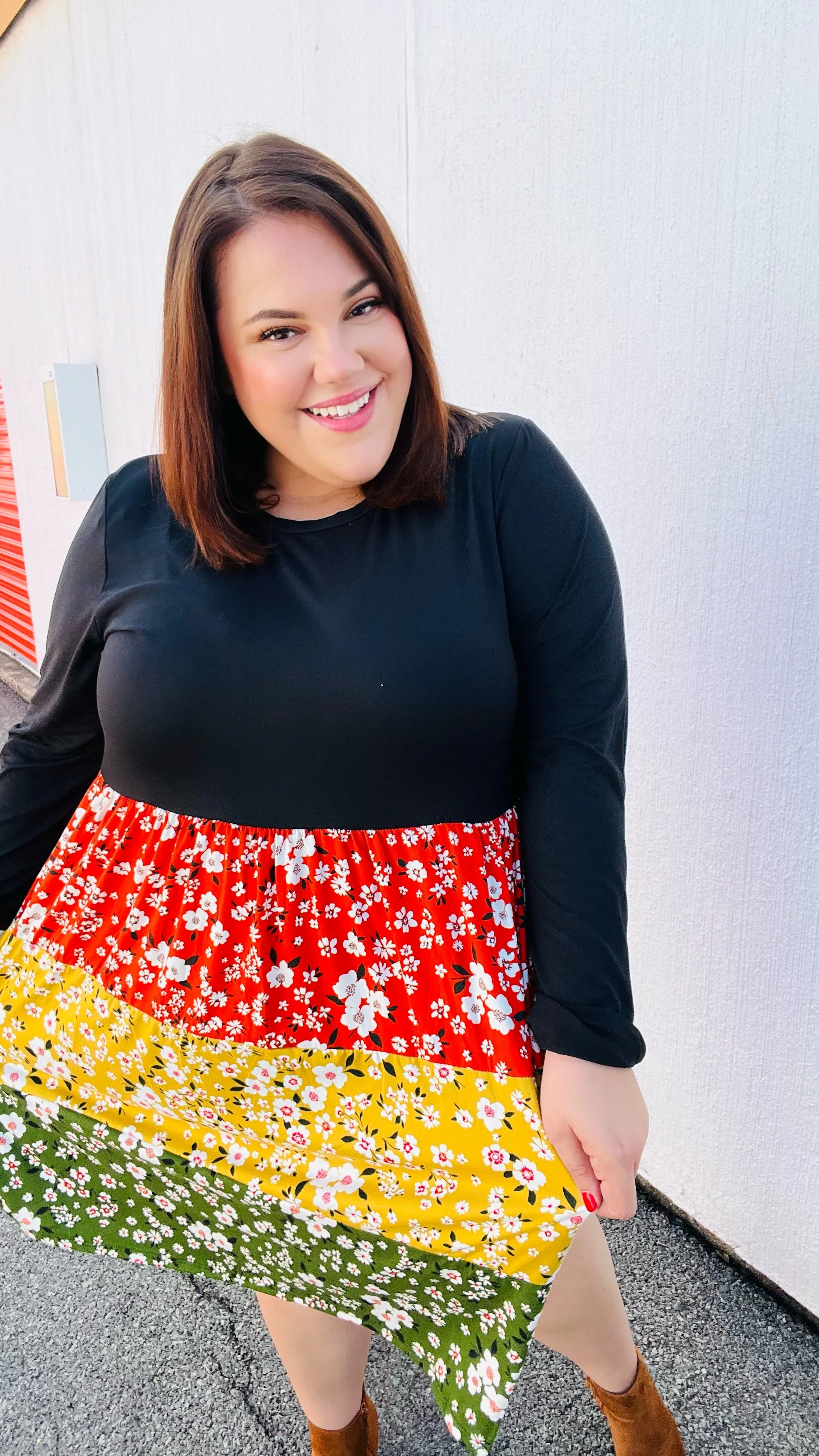 Black Floral Color Block Tiered Babydoll Dress