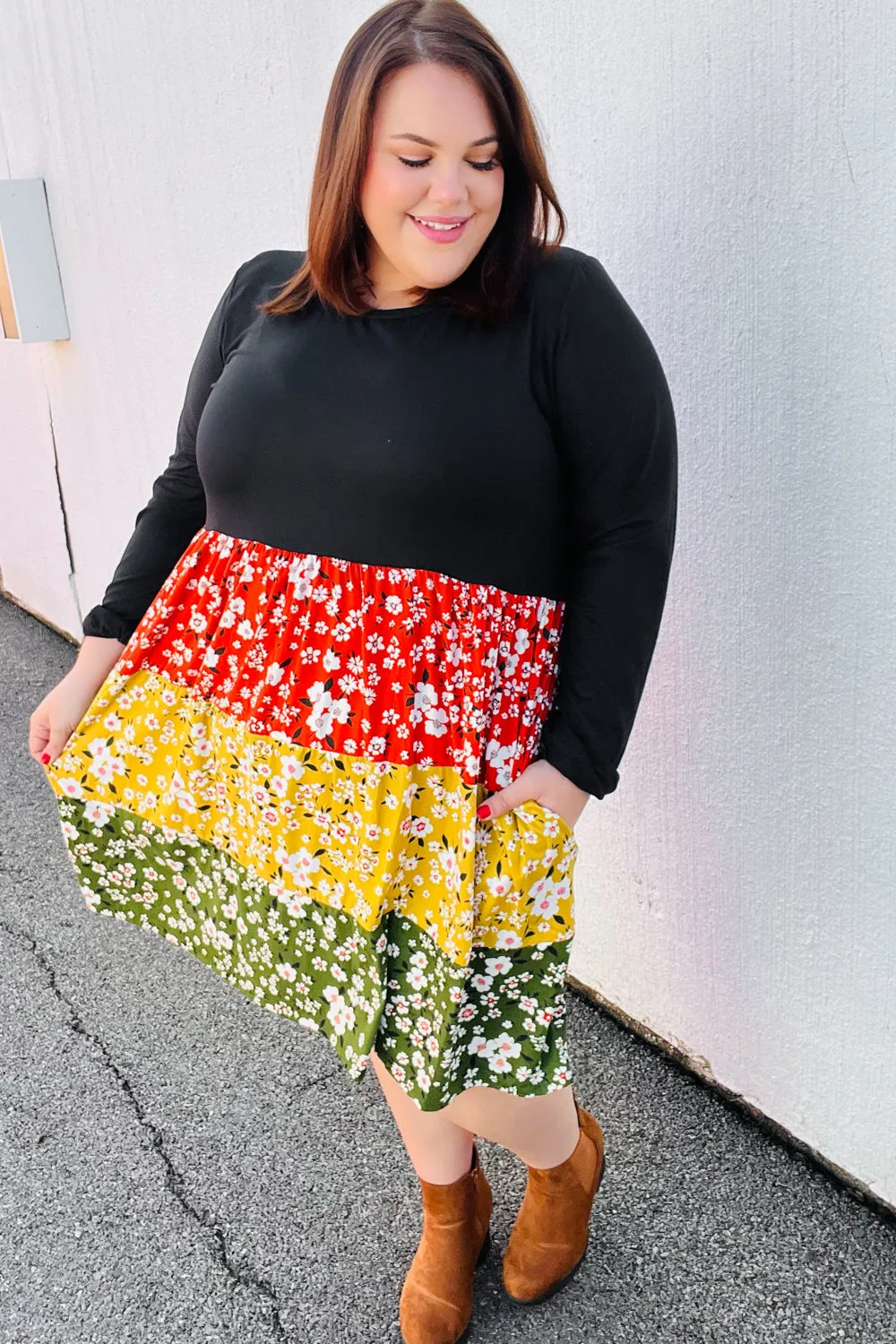 Black Floral Color Block Tiered Babydoll Dress