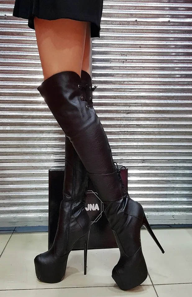 Black Knee High Pencil Heel Boots