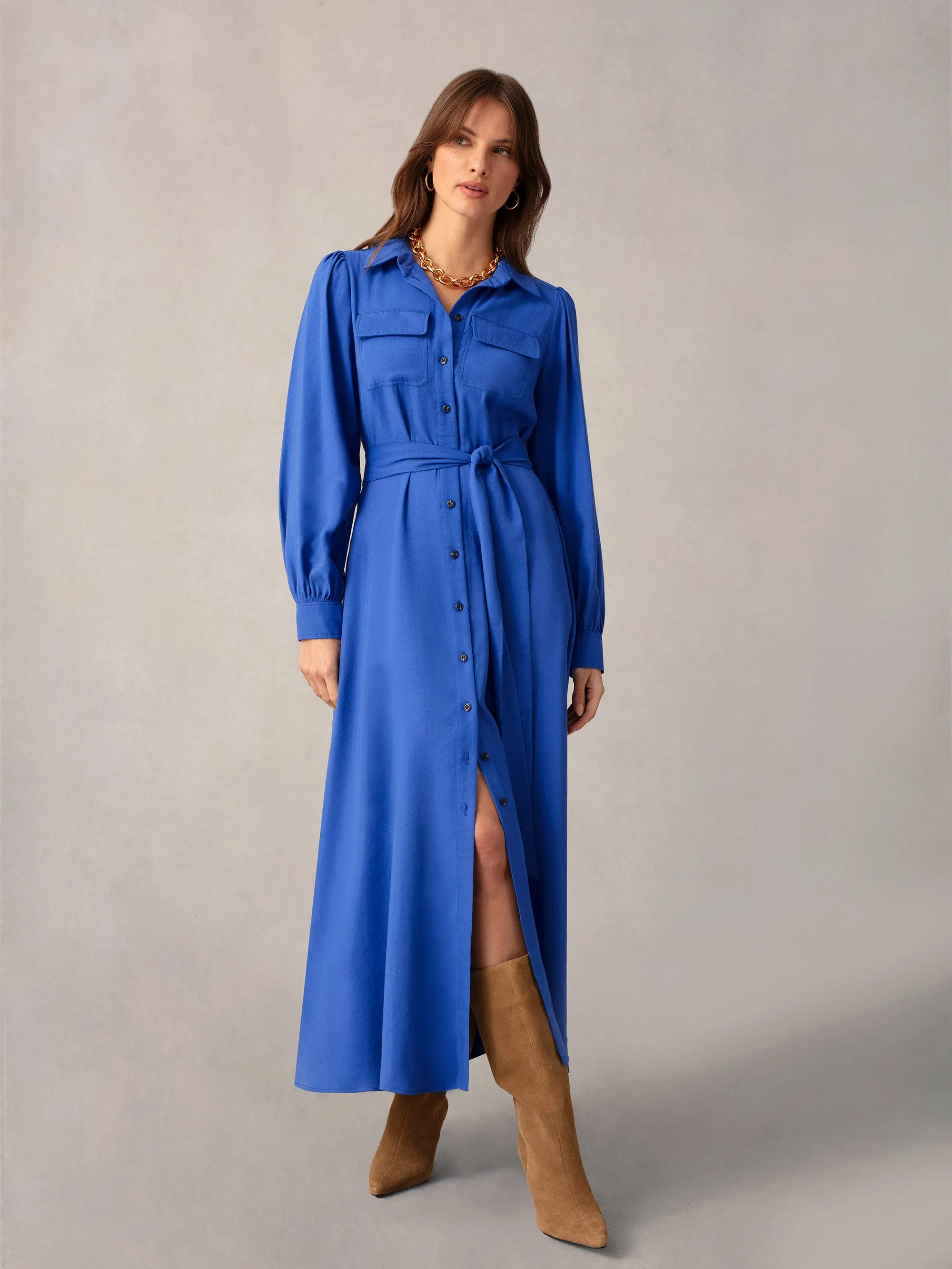 Blue Pocket Detail Midi Shirt Dress