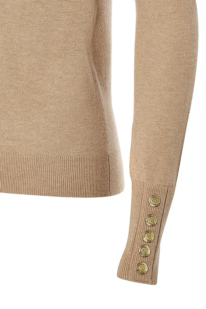 Buttoned Knit Roll Neck - Dark Camel