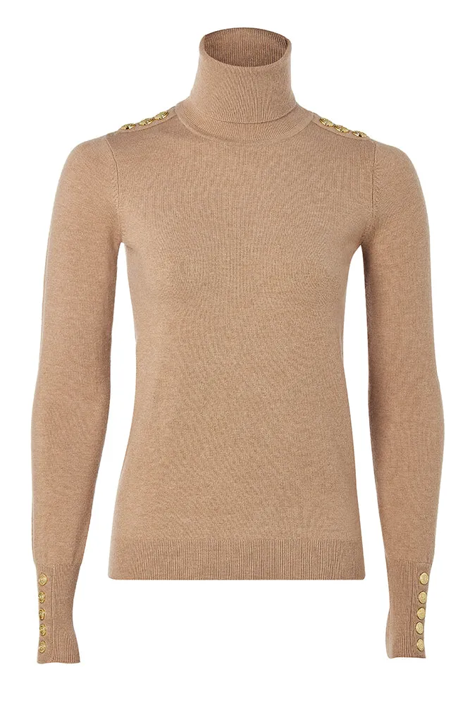 Buttoned Knit Roll Neck - Dark Camel