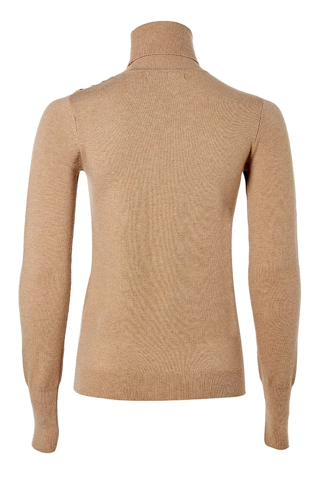 Buttoned Knit Roll Neck - Dark Camel