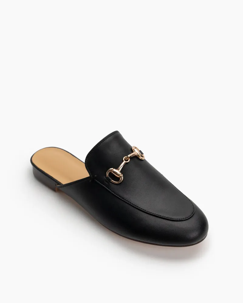 (Clean Up - US 6) Classic Metal Buckle Leather Slide Slip On Flat Mules