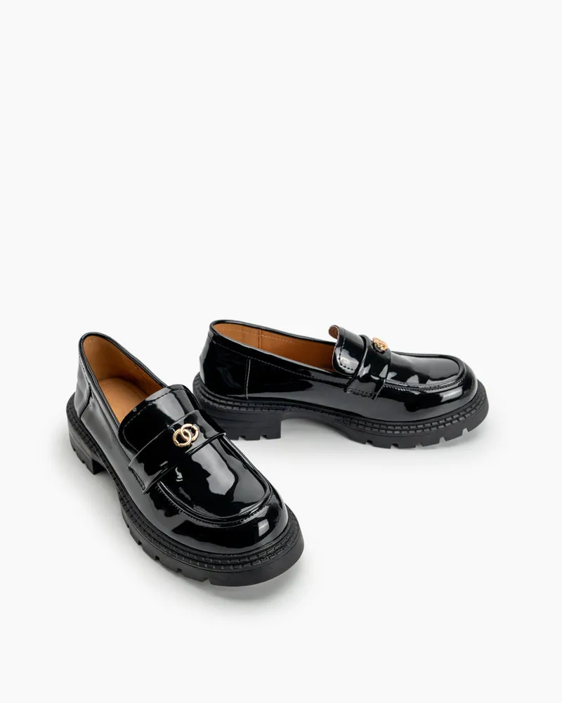 (Clean Up - US 7.5)Patent Leather Metal Decor Chunky Loafers