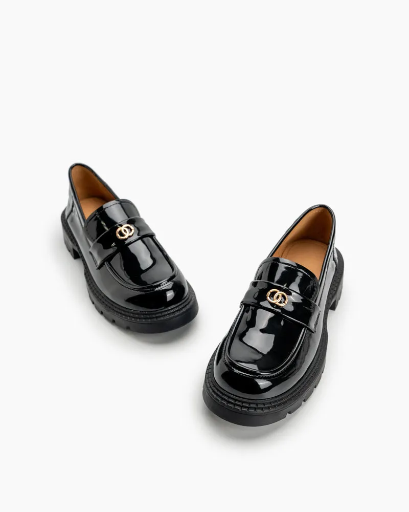 (Clean Up - US 7.5)Patent Leather Metal Decor Chunky Loafers