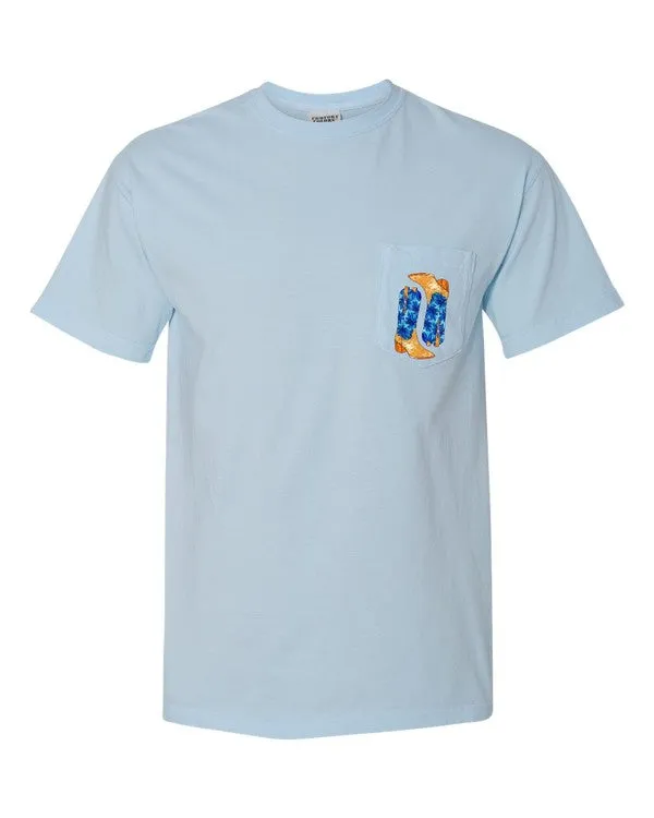 Explore More Collection - Blue Cowboy Boots Pocket Comfort Color Tee