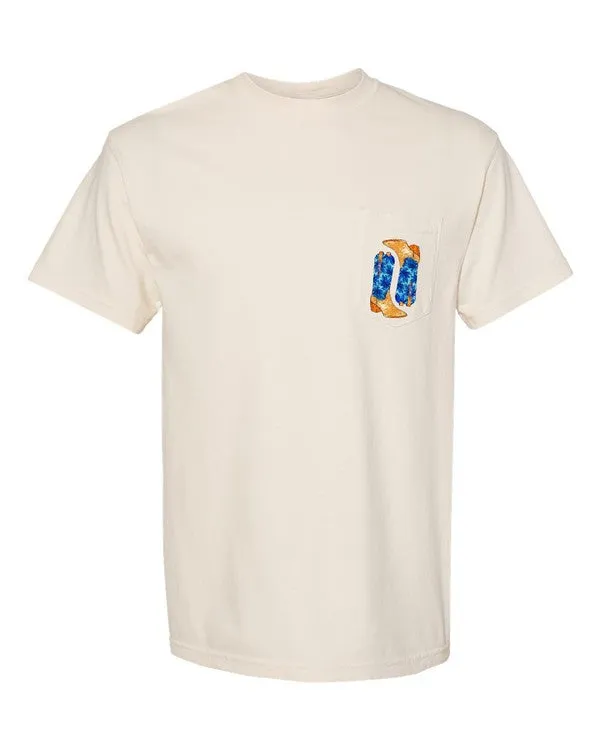 Explore More Collection - Blue Cowboy Boots Pocket Comfort Color Tee