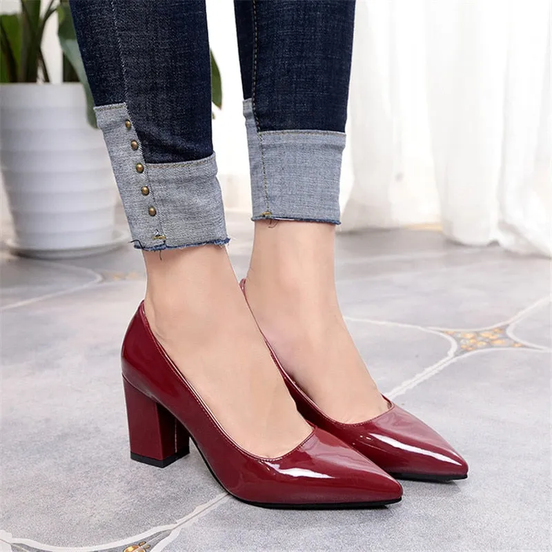 New Women Pumps Black High heels 7.5cm Lady Patent leather Shallow Thick with Autumn Pointed Single Shoes Slip-On Female Shoes