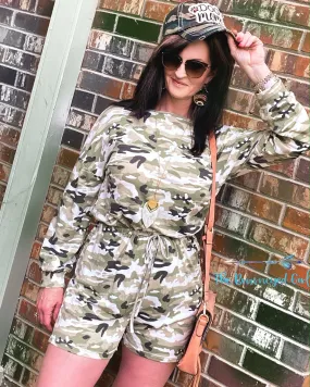 On A Safari Camo Long Sleeve Romper Olive/Pink Women