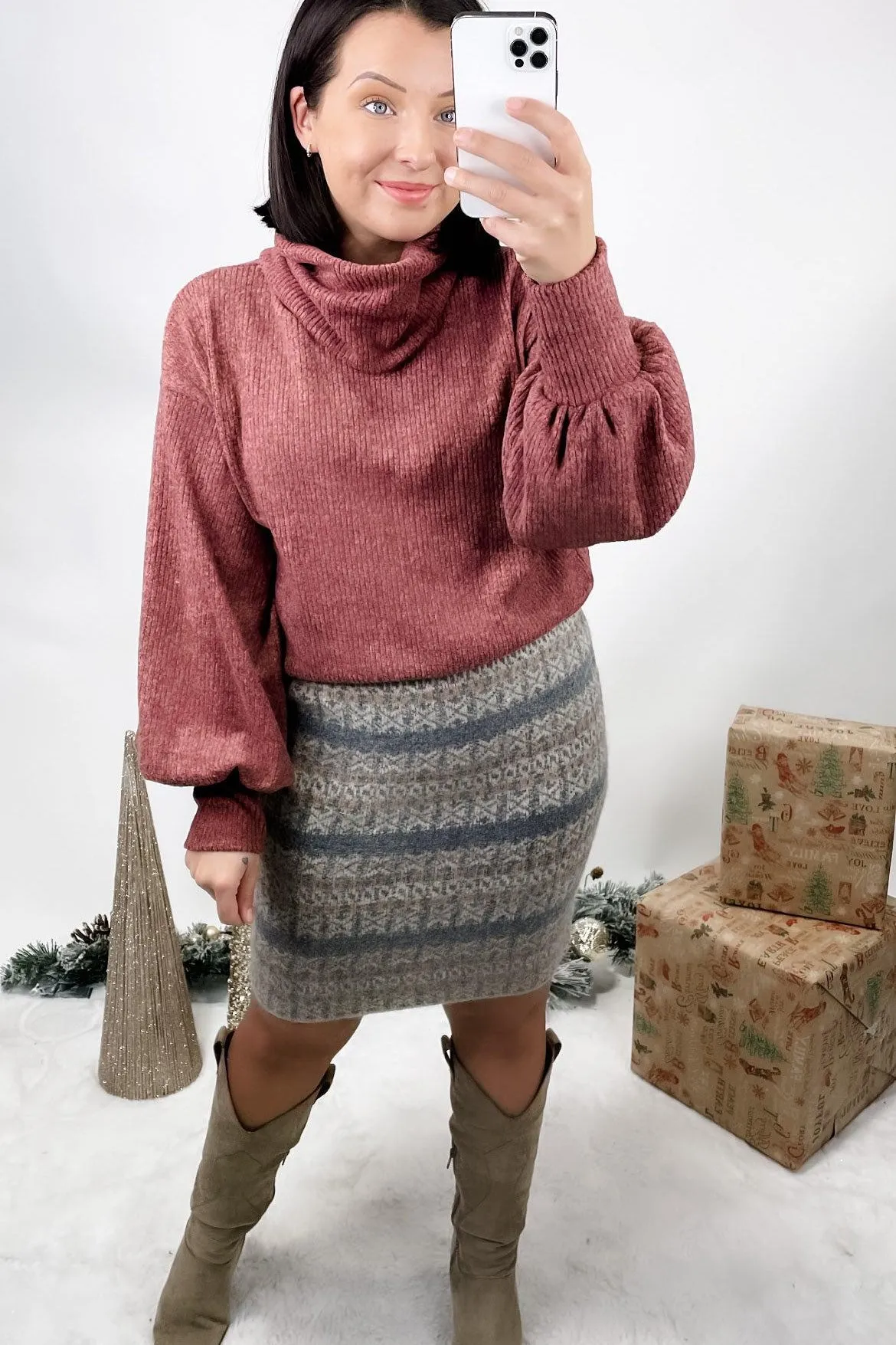 Smitten With You- Taupe Printed Sweater Mini Skirt