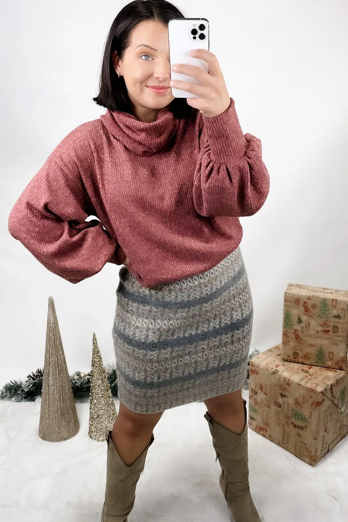 Smitten With You- Taupe Printed Sweater Mini Skirt