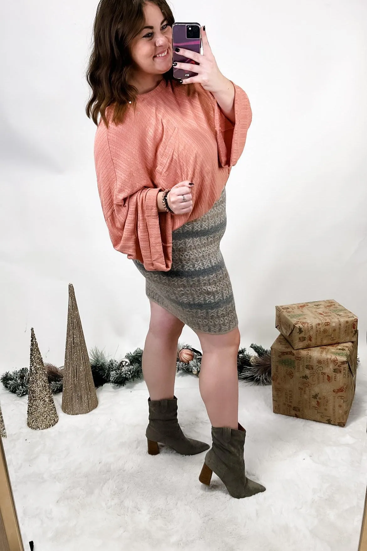 Smitten With You- Taupe Printed Sweater Mini Skirt