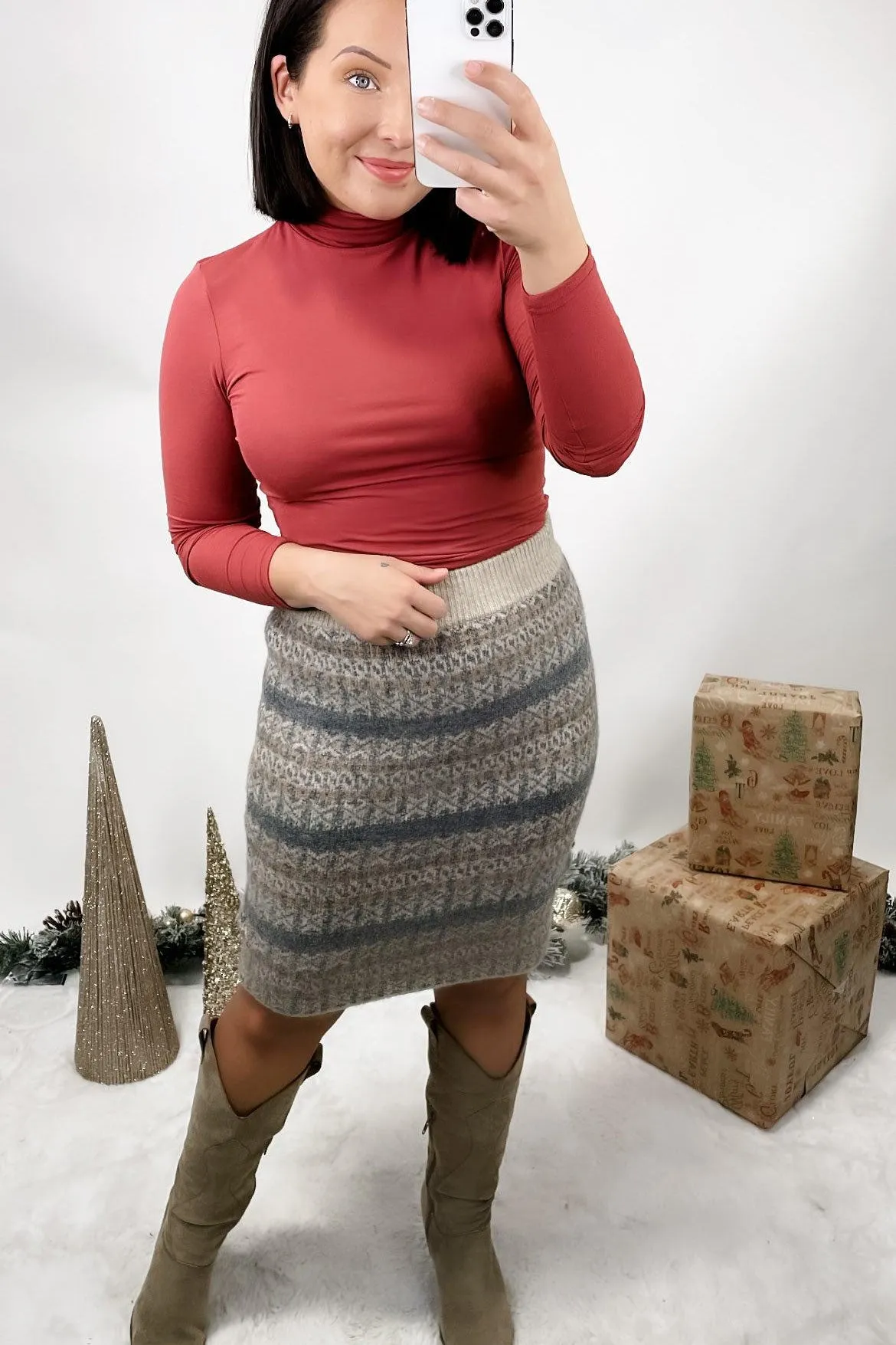 Smitten With You- Taupe Printed Sweater Mini Skirt